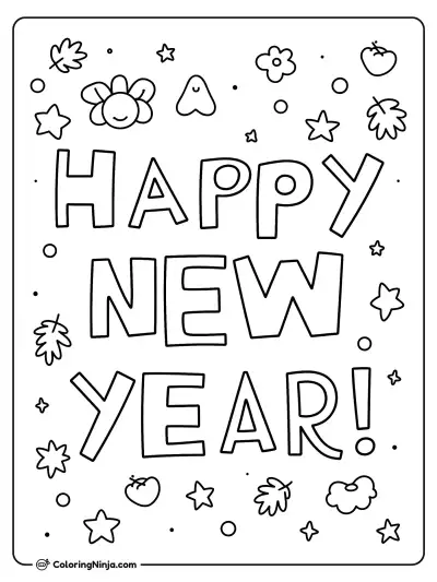 Happy New Year! with Cute Stars and Leaves Coloring Page