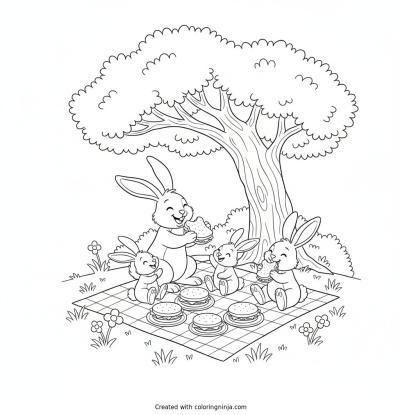 A coloring page of A happy rabbit family sharing sandwiches on a picnic blanket under a tree.