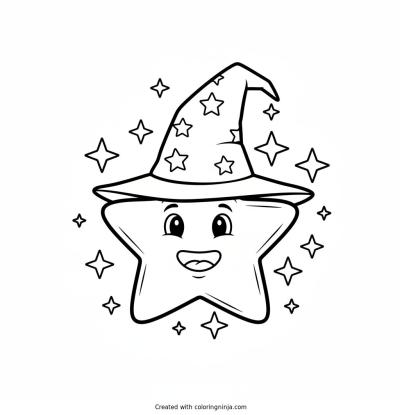 A coloring page of A happy smiling star wearing a wizard hat, surrounded by tiny sparkling stars.