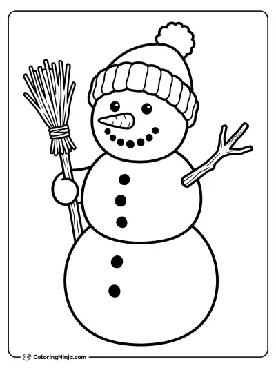 Cheerful Snowman with Broom Coloring Page