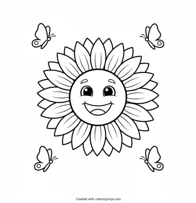 Smiling Sunflower and Friendly Butterflies Coloring Page