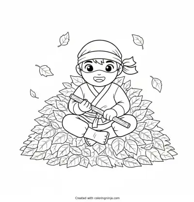 Ninja Leaf Pile Play Coloring Page