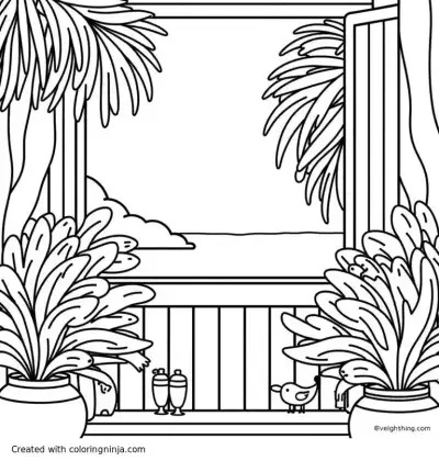 A coloring page of a highly detailed tropical scene from a bedroom balcony
