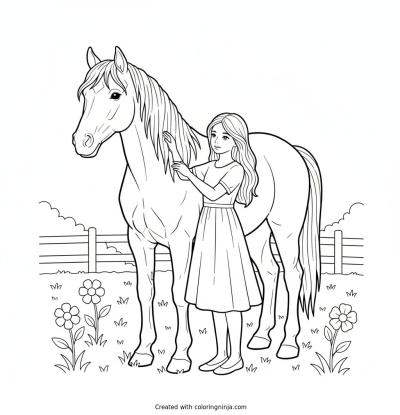 A coloring page of a horse and a girl