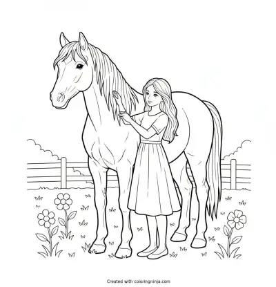 A coloring page of a horse and a girl