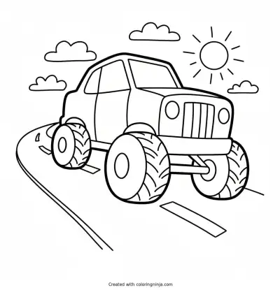 A coloring page of Huge masive car on the road