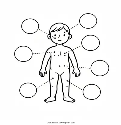 A coloring page of human body diagram with lables
