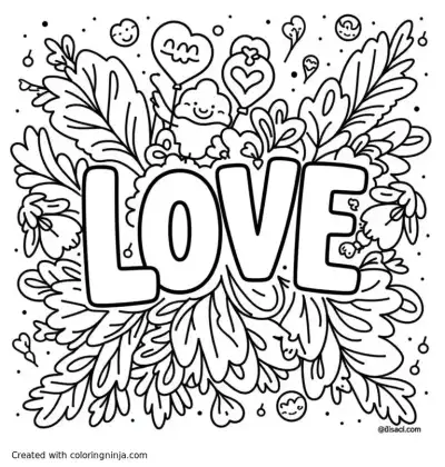 A coloring page of I'm creating an adult meditation coloring book that is nature/witchcraft focused.  Create a coloring page featuring the word LOVE surrounded by whimsical objects and symbols of love. , in Cartoon Line Art