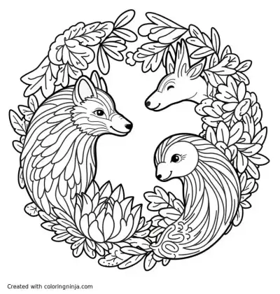 A coloring page of Intricate and delicate flora and fauna forest scene, beautiful animal dead and alive, yin yang, as above so below, imperfect symmetry, mythical