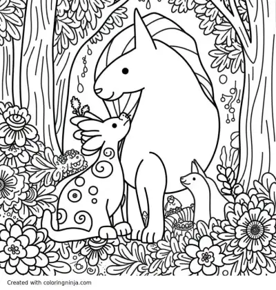 A coloring page of Intricate flora and fauna forest scene, beautiful animal dead and alive, yin yang, as above so below, imperfect symmetry, mythical, complicated, flowing, dark, fine lines