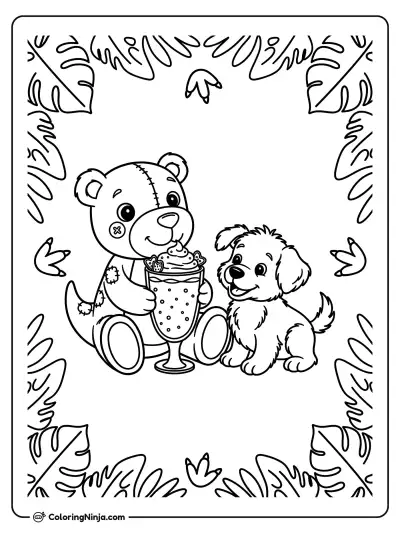 Dinosaur Teddy Bear Smoothie Puppy Coloring Page