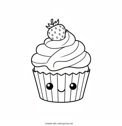 A coloring page of kawaii muffin