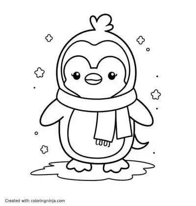 A coloring page of A kawaii penguin wearing a scarf, enjoying a snowy day.

