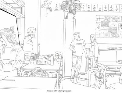 A coloring page of Kids in a Classroom with Desks