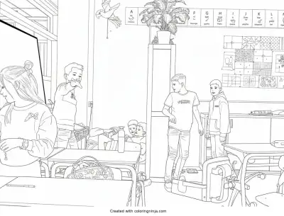 A coloring page of Kids in a Classroom with Desks