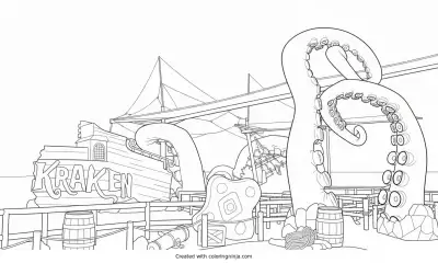 A coloring page of Kraken Attacking a Ship with Tentacles