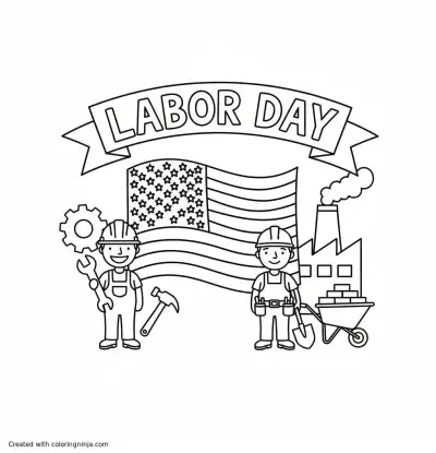 A coloring page of labor day with text "LABOR DAY" and us flag
