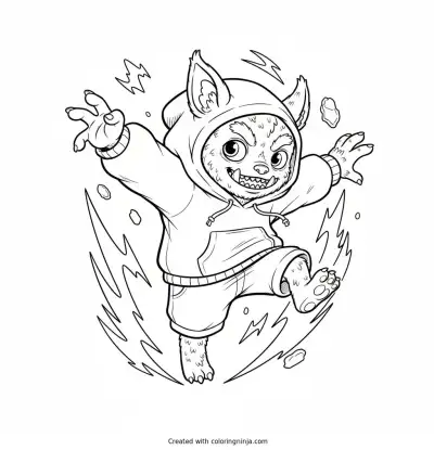 Labubu in a Dynamic Action Pose Jumping Coloring Page
