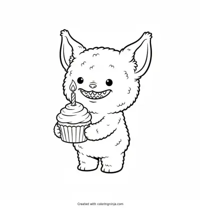 A coloring page of Labubu, a small fluffy elf-eared creature with a wide grin showing nine small pointy teeth, holding a birthday cupcake with a candle
