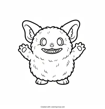 A coloring page of Labubu, a small fluffy elf-eared creature with a wide grin showing nine small pointy teeth, waving hello