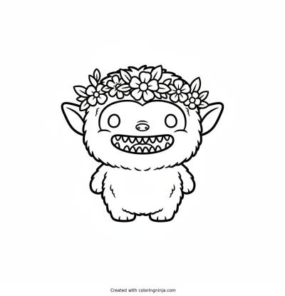 A coloring page of Labubu, a small fluffy elf-eared creature with a wide grin showing nine small pointy teeth, wearing a flower crown