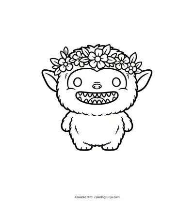 A coloring page of Labubu, a small fluffy elf-eared creature with a wide grin showing nine small pointy teeth, wearing a flower crown