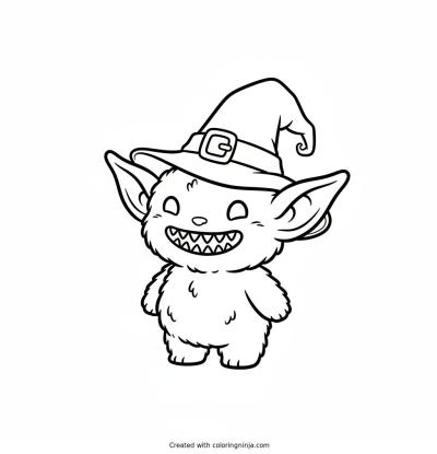 A coloring page of Labubu, a small fluffy elf-eared creature with a wide grin showing nine small pointy teeth, wearing a tiny witch hat for halloween