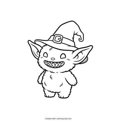A coloring page of Labubu, a small fluffy elf-eared creature with a wide grin showing nine small pointy teeth, wearing a tiny witch hat for halloween