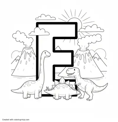 A coloring page of the letter "E" with dinosaurs and volcanos around it