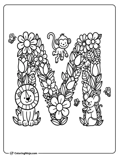 The Letter "M" with Flowers and Animals Coloring Page