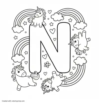 A coloring page of the letter "N" with unicorns and rainbows around it

