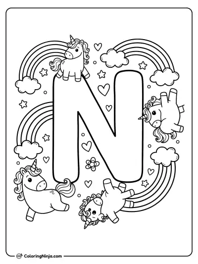 Magical Letter N with Unicorns Coloring Page