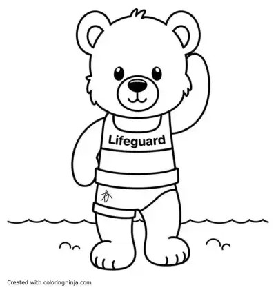 A coloring page of lifeguard with teddy bear in a swim suit
