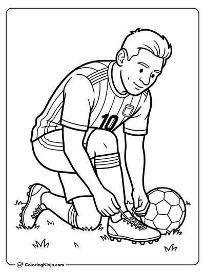 Lionel Messi Tying Soccer Cleats Coloring Page