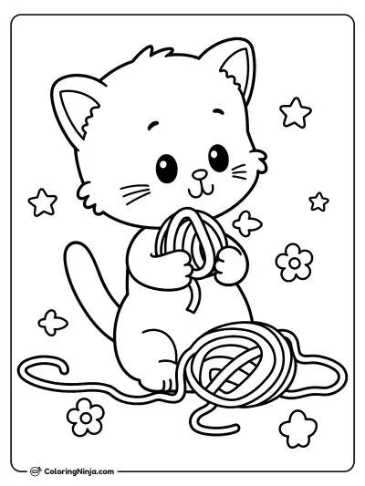 Little Kitty Playing with Yarn Coloring Page