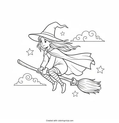 A coloring page of A little witch wearing a tall hat flying on a broomstick.