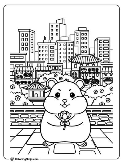 Hamster in a Korean Rooftop Garden Coloring Page