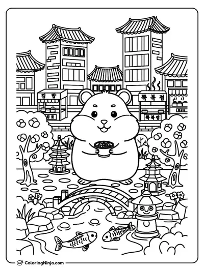 Hamster in a Korean Rooftop Garden Coloring Page