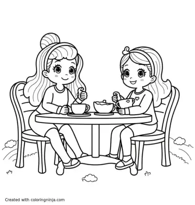 A coloring page of the love is dolls having a tea party