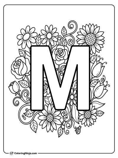 An "M" with Realistic Flowers Around It Coloring Page