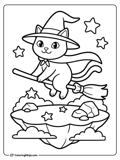 The Flying Wizard Cat Coloring Page