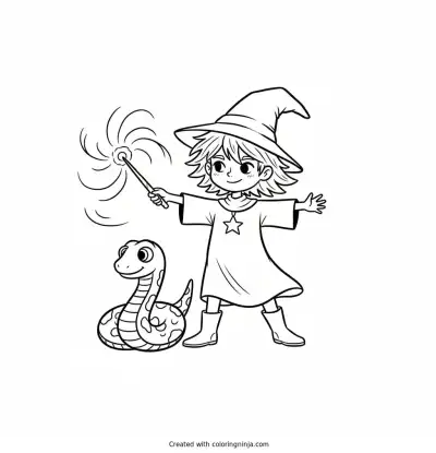 A coloring page of Magical boy enchanting a snakw