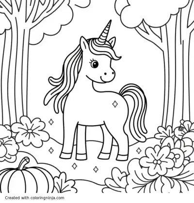 A coloring page of a magical unicorn in an enchantest forest