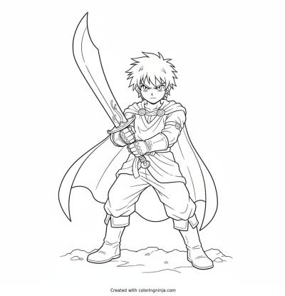 A coloring page of make  a image of an anime boy holding a sword 