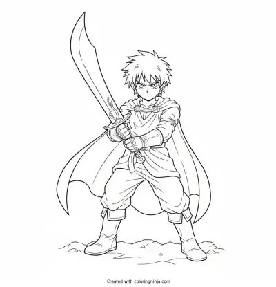 A coloring page of make  a image of an anime boy holding a sword 