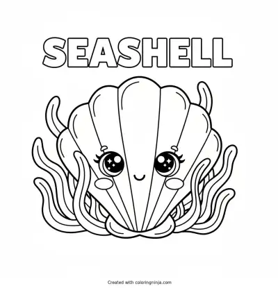 A Friendly Seashell with Seaweed Coloring Page