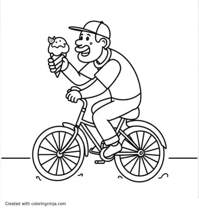 A coloring page of A man eating an ice cream whilst riding on a bicycle
