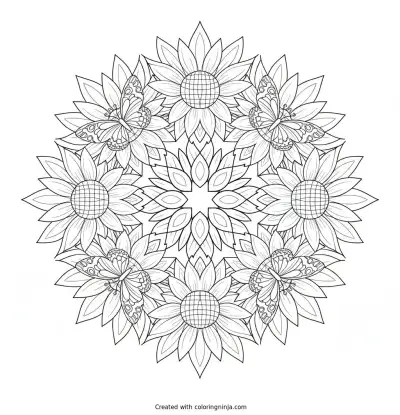 Mandala with Sunflowers and Butterflies Coloring Page