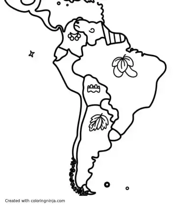 A coloring page of Map of south America with some vegetation and animals in each area they are from