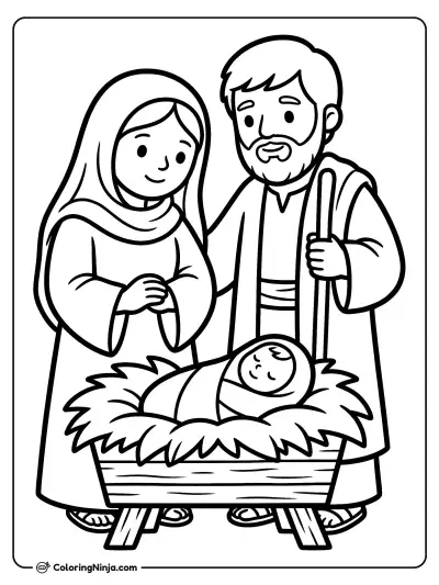 Peaceful Nativity Manger Scene Coloring Page